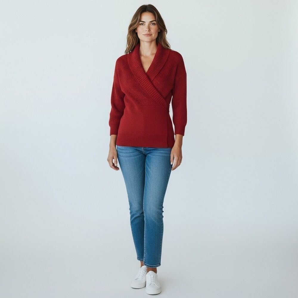 AB studio solid red v neck half sleeve sweater blouse stretchy light weight M